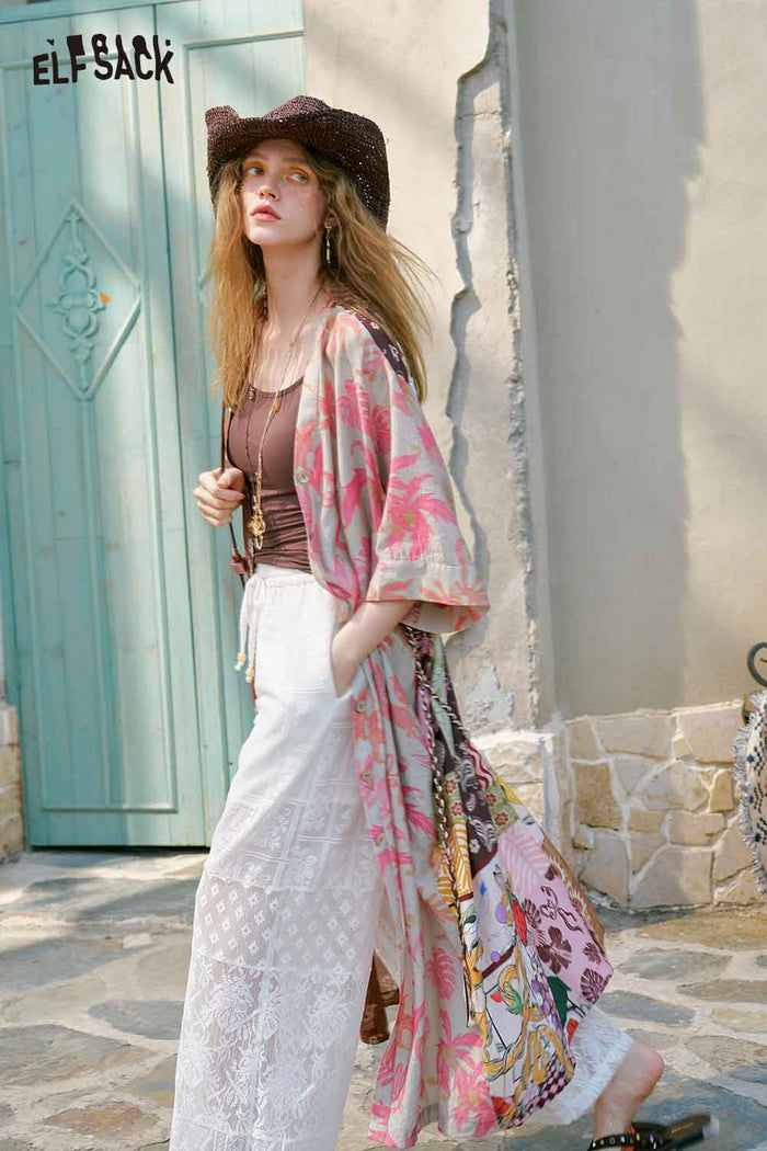 ELFSACK Patchwork Fruit Floral Midi Dress