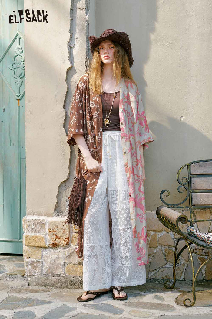 ELFSACK Patchwork Fruit Floral Midi Dress