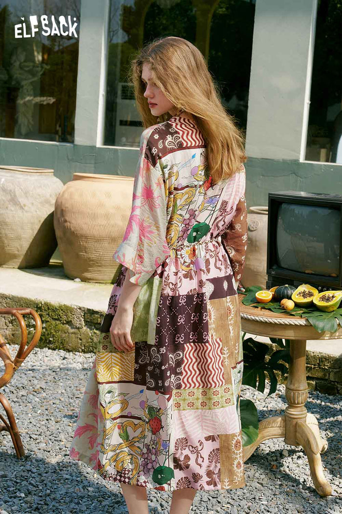 ELFSACK Patchwork Fruit Floral Midi Dress