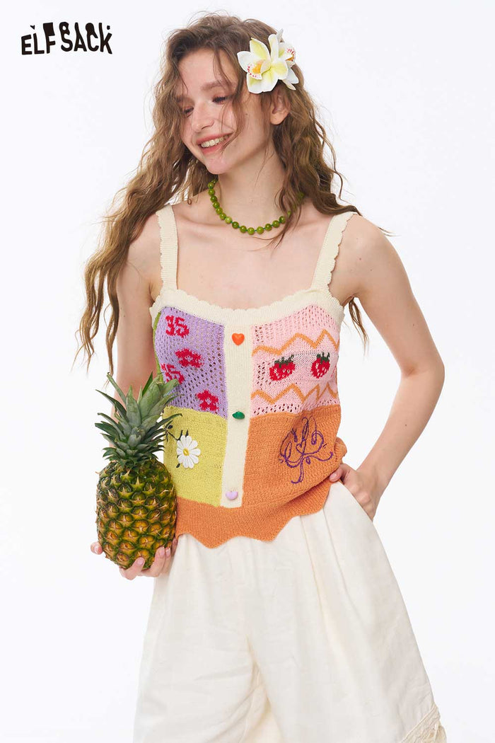 ELFSACK Patchwork Knit Lace Cropped Cami