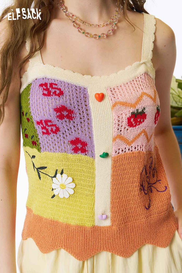 ELFSACK Patchwork Knit Lace Cropped Cami