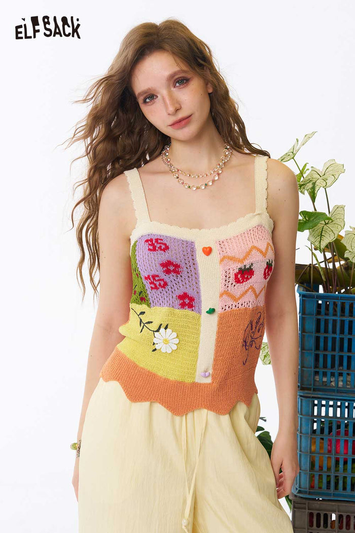 ELFSACK Patchwork Knit Lace Cropped Cami