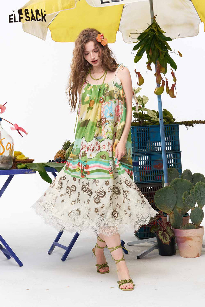 ELFSACK Patchwork Print Lace Hem Midi Dress