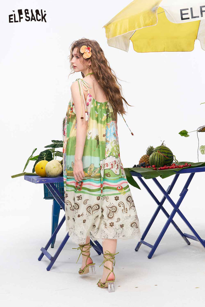 ELFSACK Patchwork Print Lace Hem Midi Dress