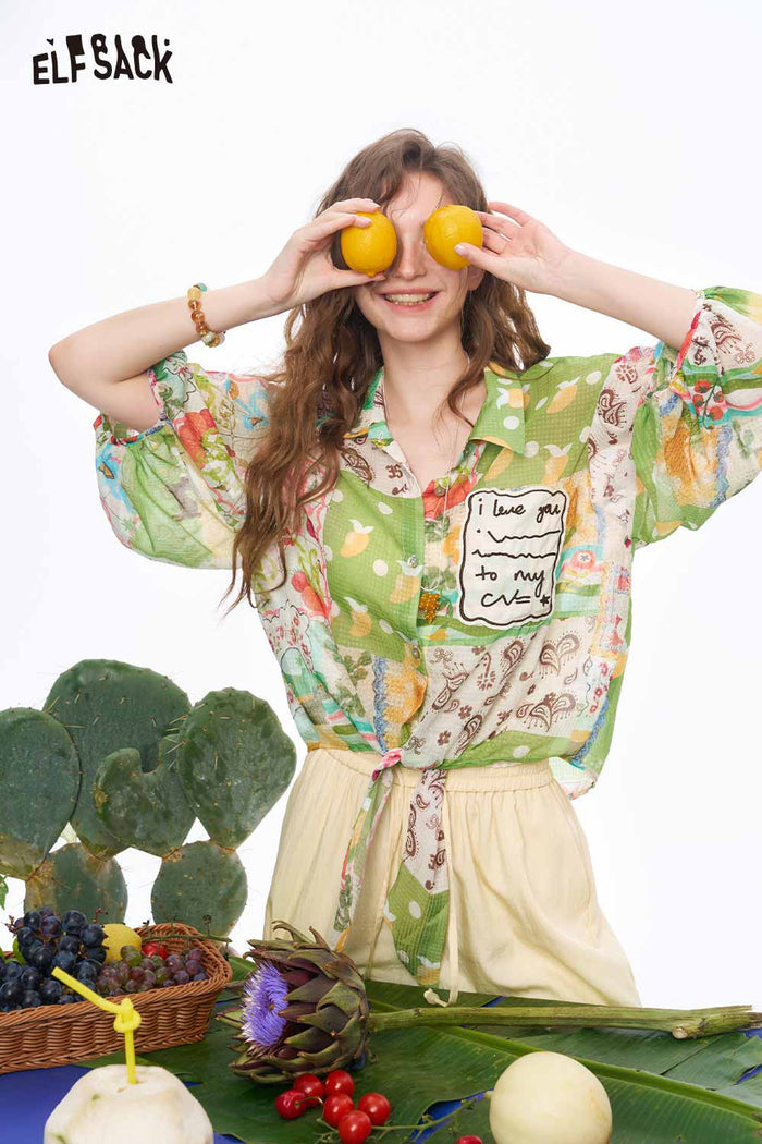 ELFSACK Patchwork Print Tie Hem Crop Blouse