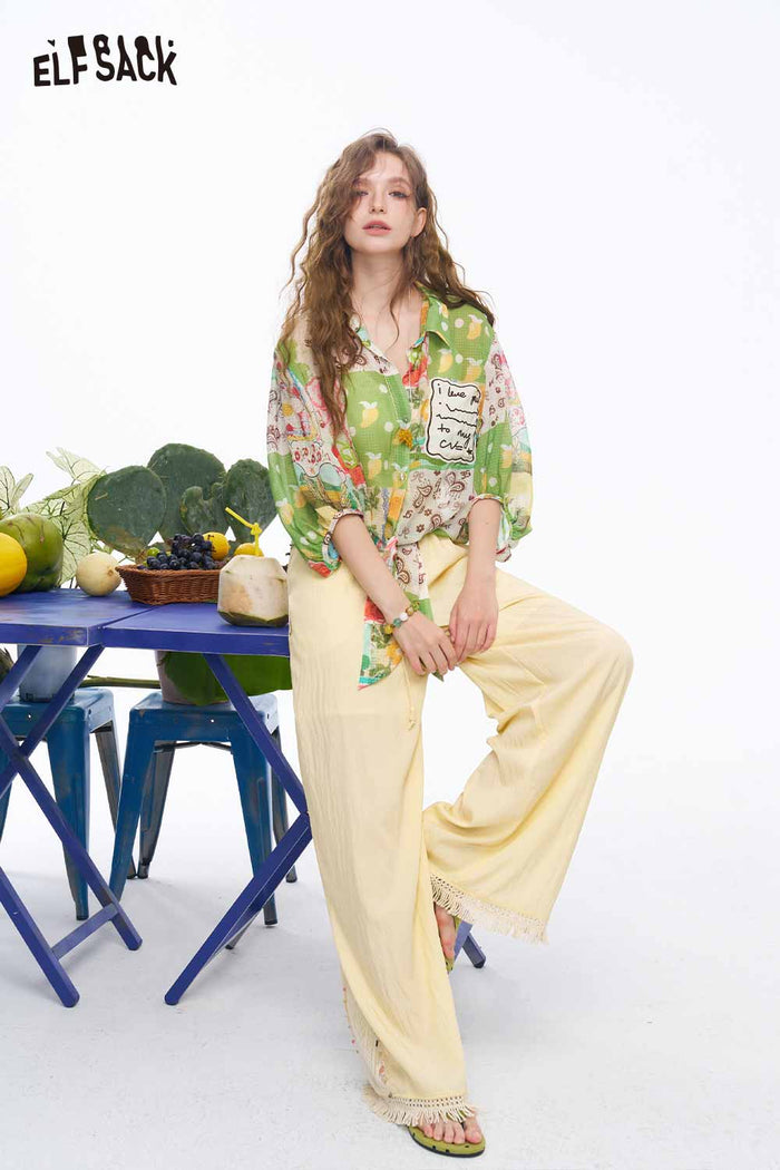 ELFSACK Patchwork Print Tie Hem Crop Blouse