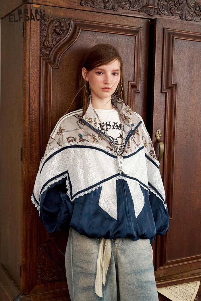 Patchwork Stand Collar Floral Jacket
