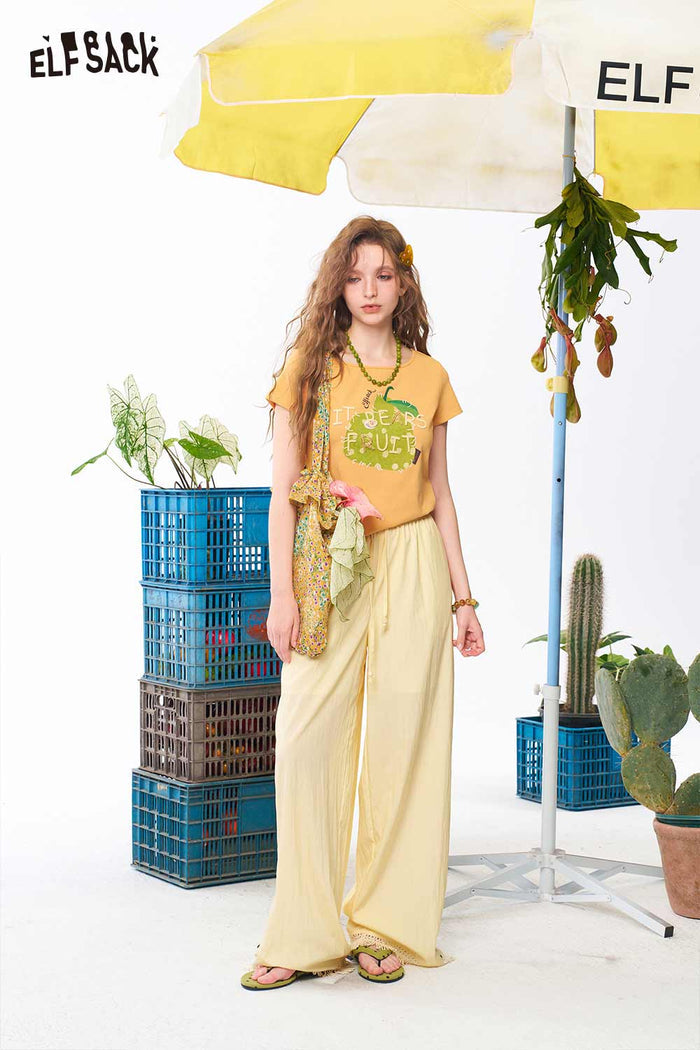 ELFSACK Pear Embroidery Hollow Neck Crop Tee
