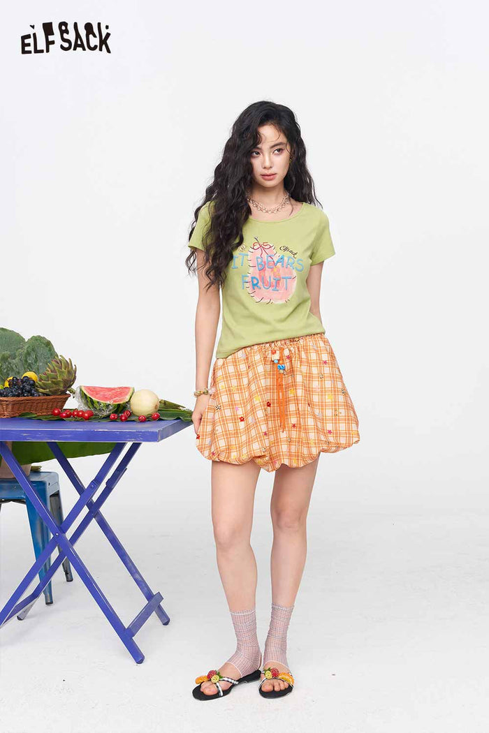 ELFSACK Pear Embroidery Hollow Neck Crop Tee