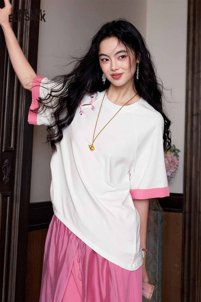 ELFSACK Pearl Button Asymmetrical Patchwork Tee