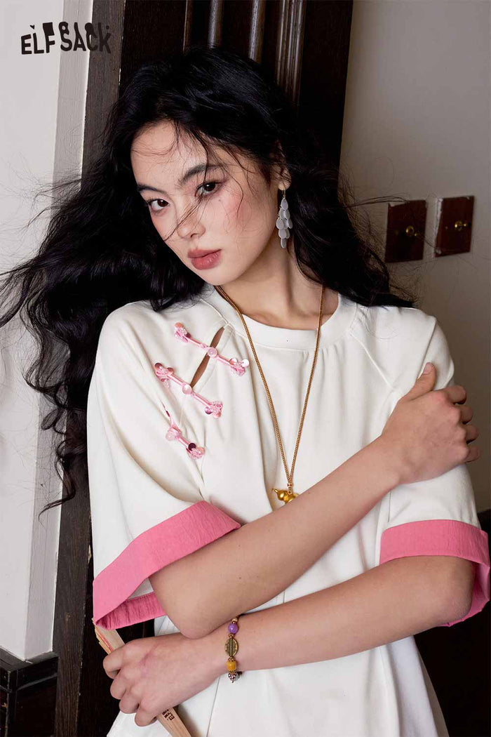 ELFSACK Pearl Button Asymmetrical Patchwork Tee