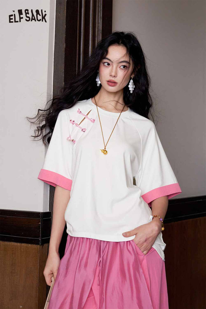ELFSACK Pearl Button Asymmetrical Patchwork Tee