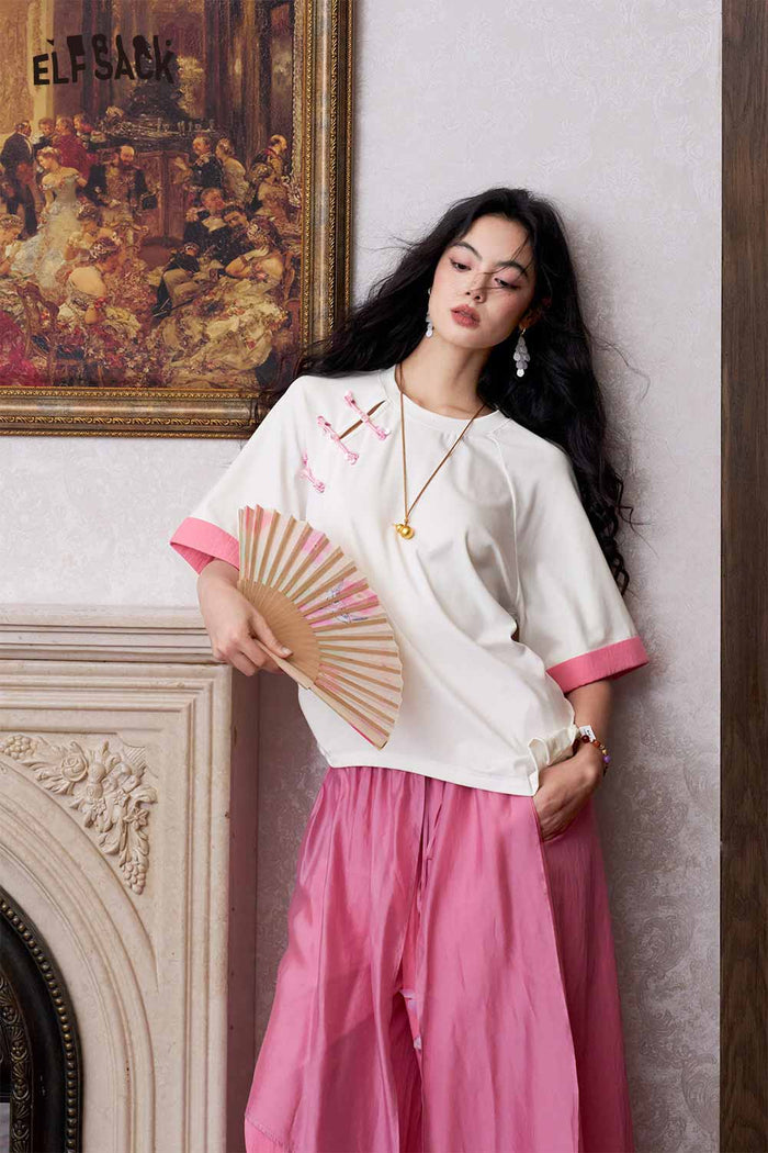 ELFSACK Pearl Button Asymmetrical Patchwork Tee