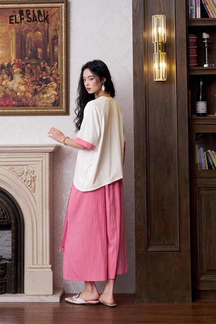 ELFSACK Pearl Button Asymmetrical Patchwork Tee