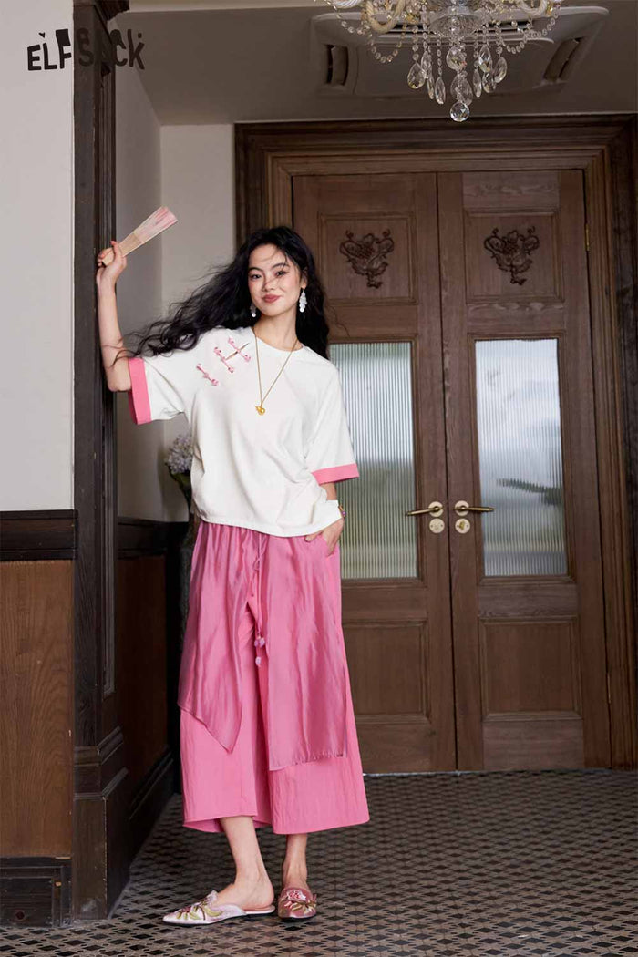 ELFSACK Pearl Button Asymmetrical Patchwork Tee