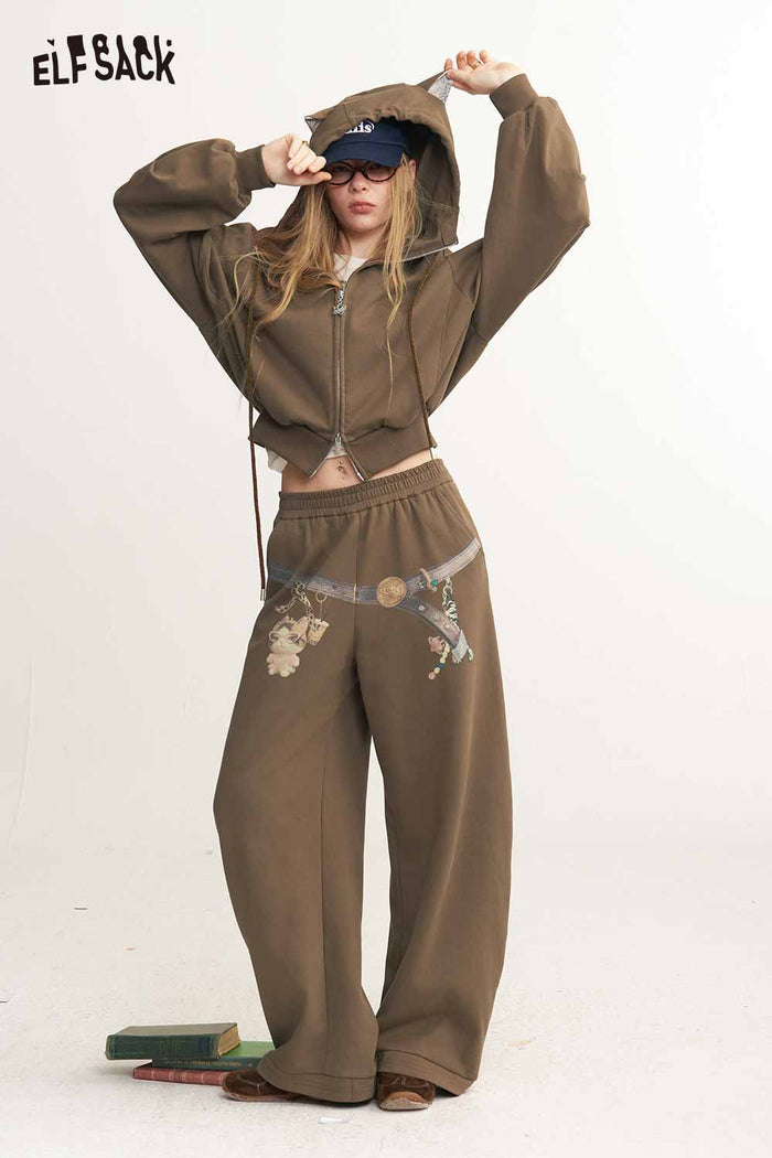 Pearl Decor Sweatsuit Set Crop Zip Hoodie Wide Leg Pants