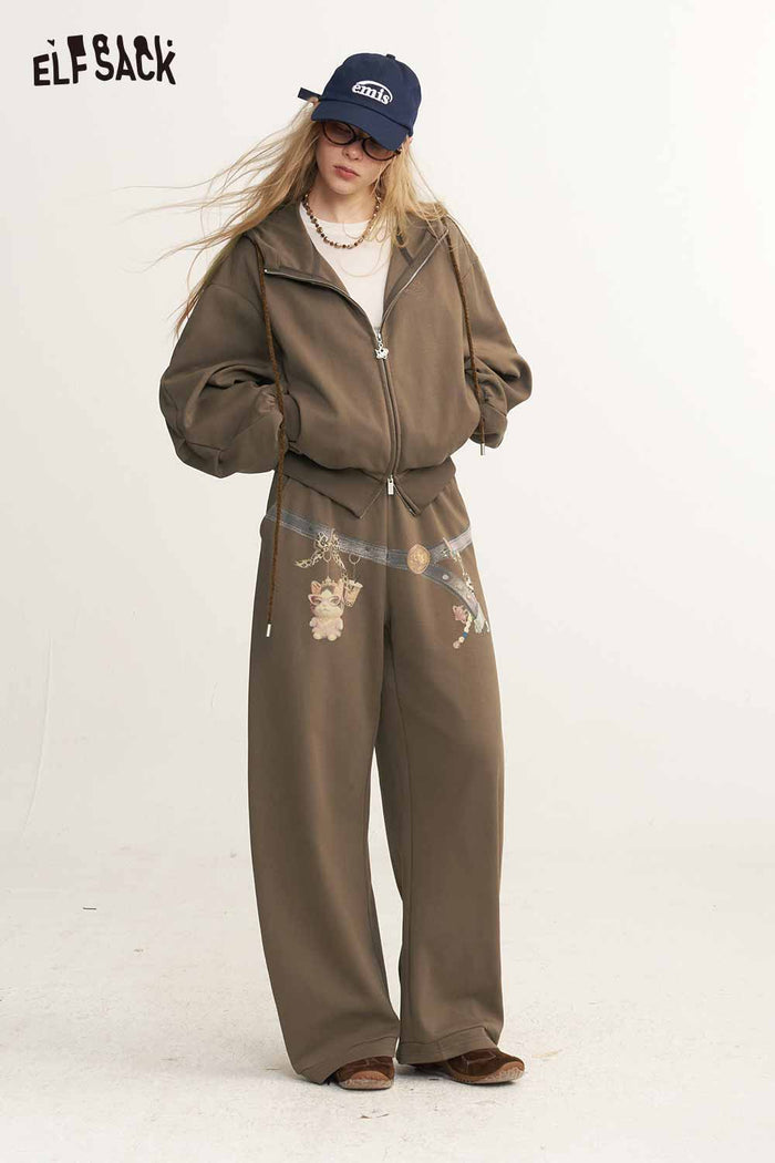 Pearl Decor Sweatsuit Set Crop Zip Hoodie Wide Leg Pants