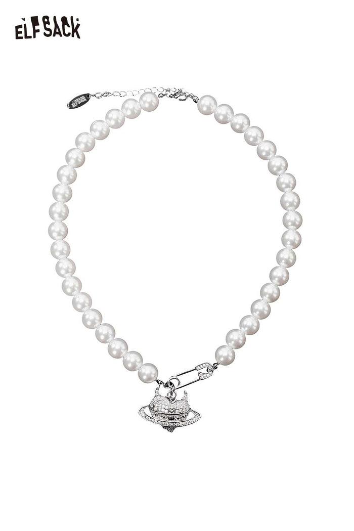 ELFSACK Pearl Rhinestone Planet Pendant Necklace