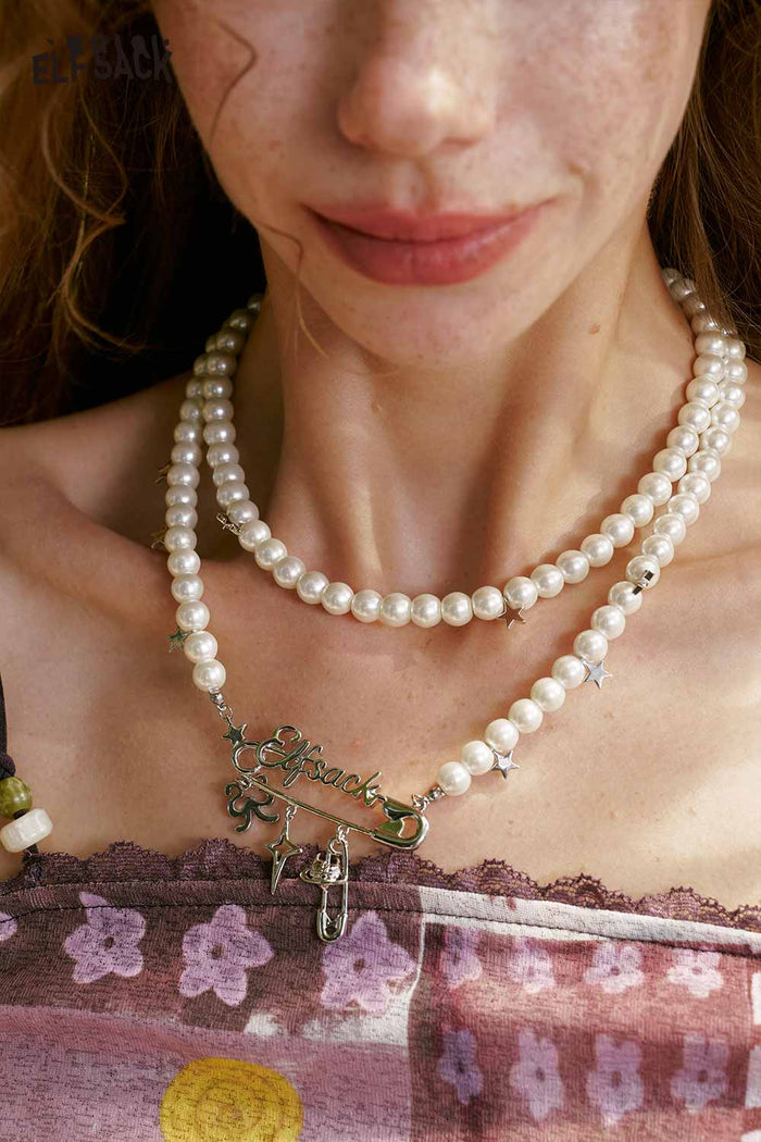 ELFSACK Pearl Safety Pin Star Choker