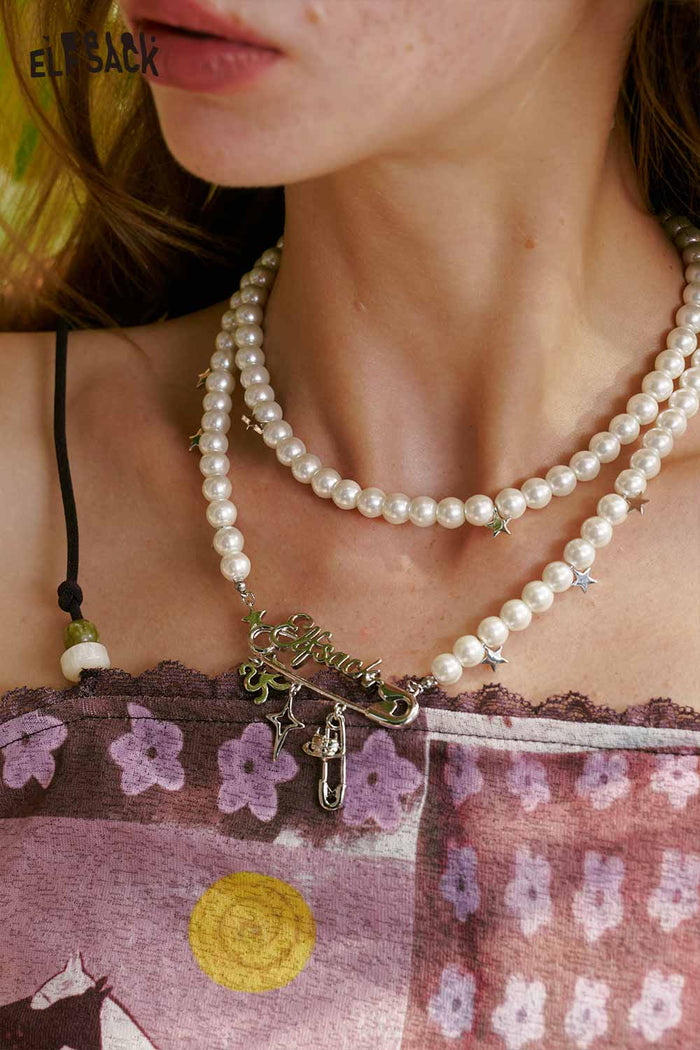 ELFSACK Pearl Safety Pin Star Choker