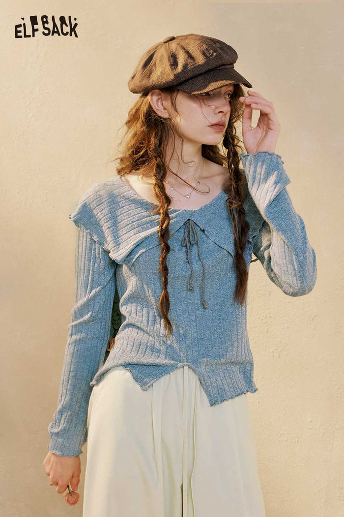 Peter Pan Collar Lace Up Ribbed Top