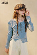 Peter Pan Collar Lace Up Ribbed Top