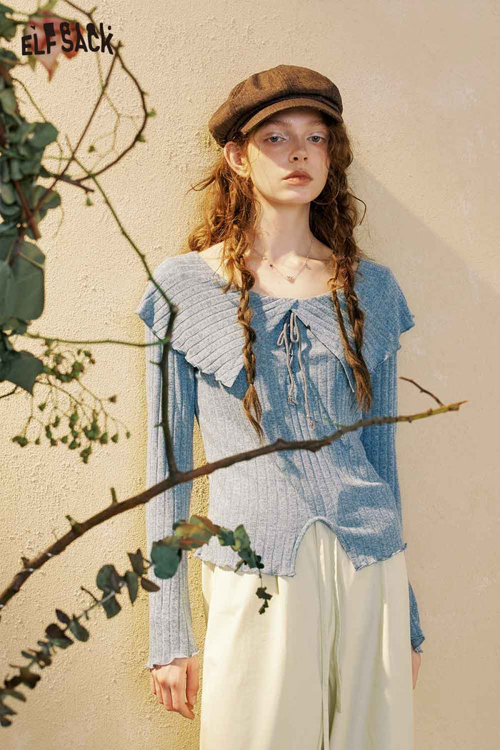 Peter Pan Collar Lace Up Ribbed Top