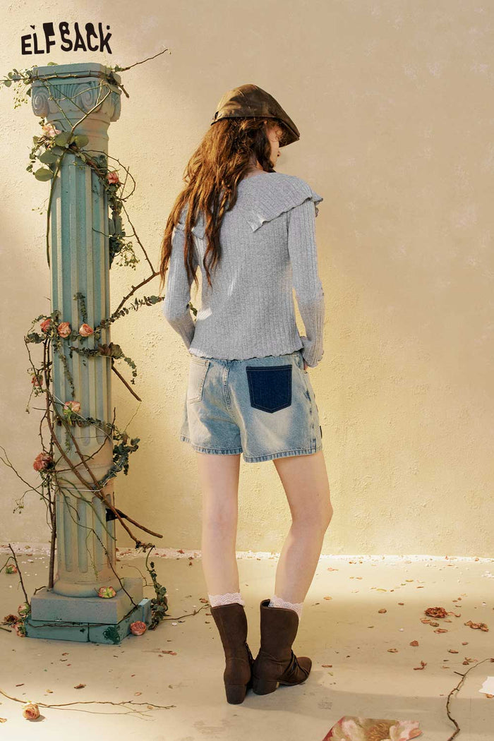 Peter Pan Collar Lace Up Ribbed Top