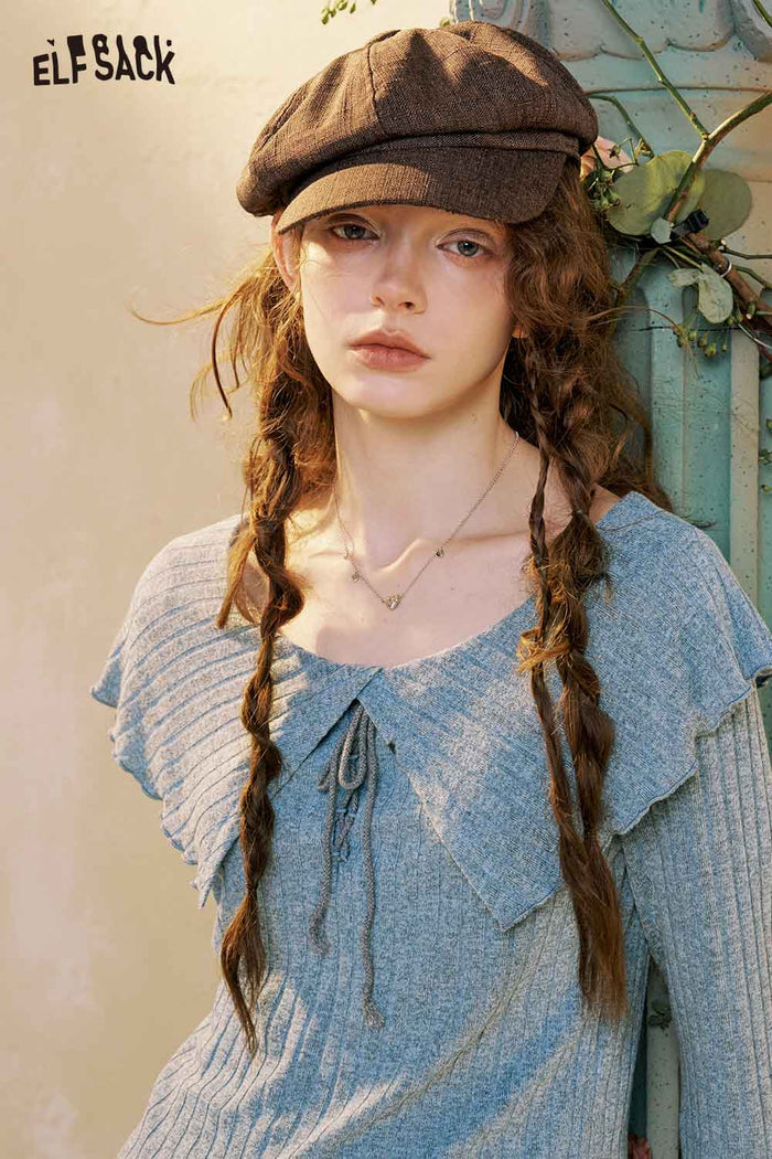 Peter Pan Collar Lace Up Ribbed Top