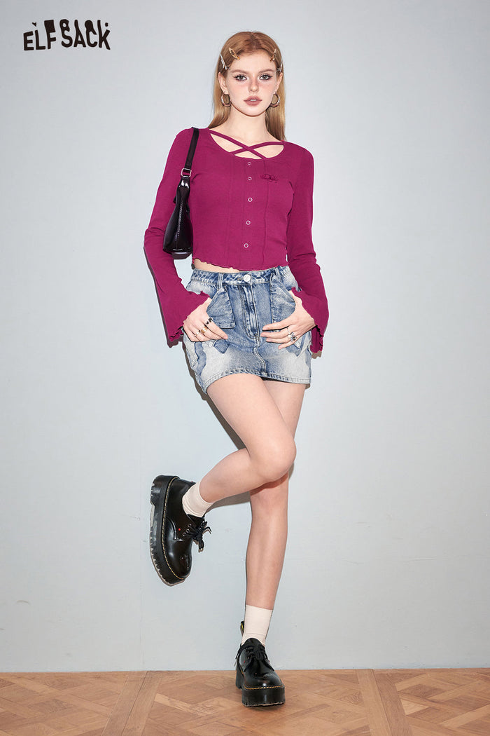 ELFSACK Petite 3D Bow Denim Skirt