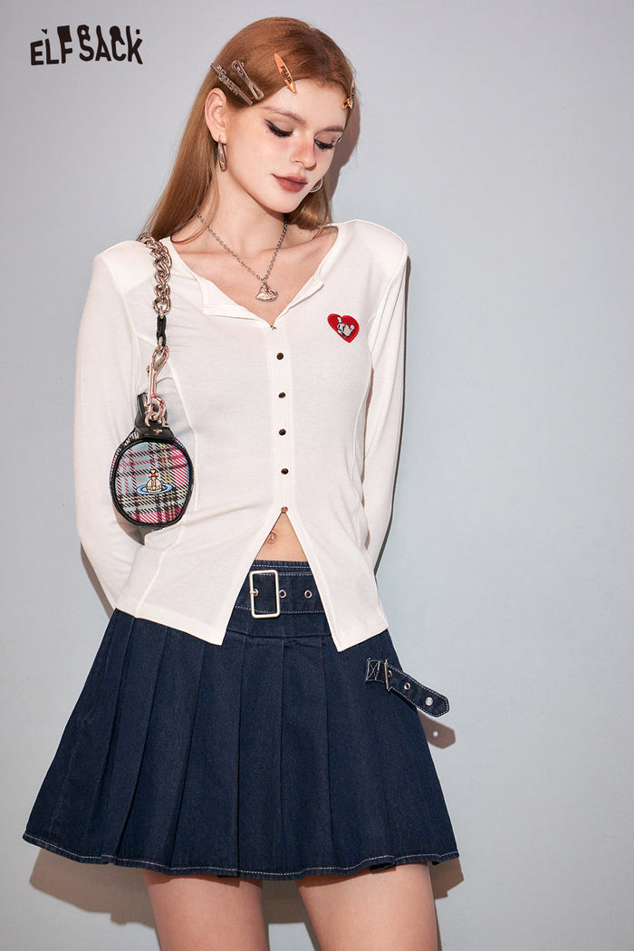 ELFSACK Petite High Waist Denim Pleated Skirt