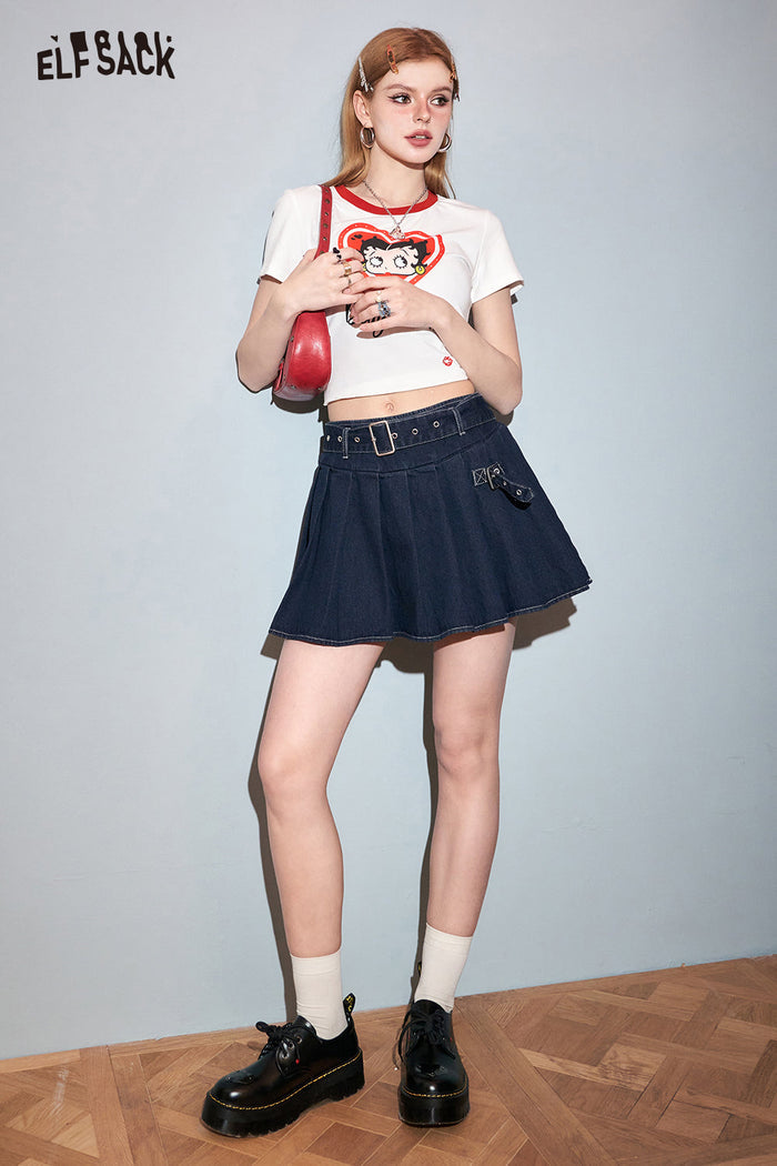 ELFSACK Petite High Waist Denim Pleated Skirt