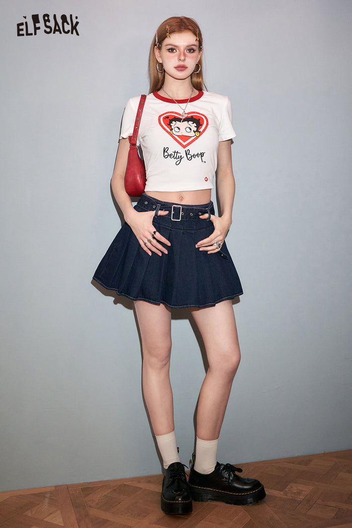 ELFSACK Petite High Waist Denim Pleated Skirt