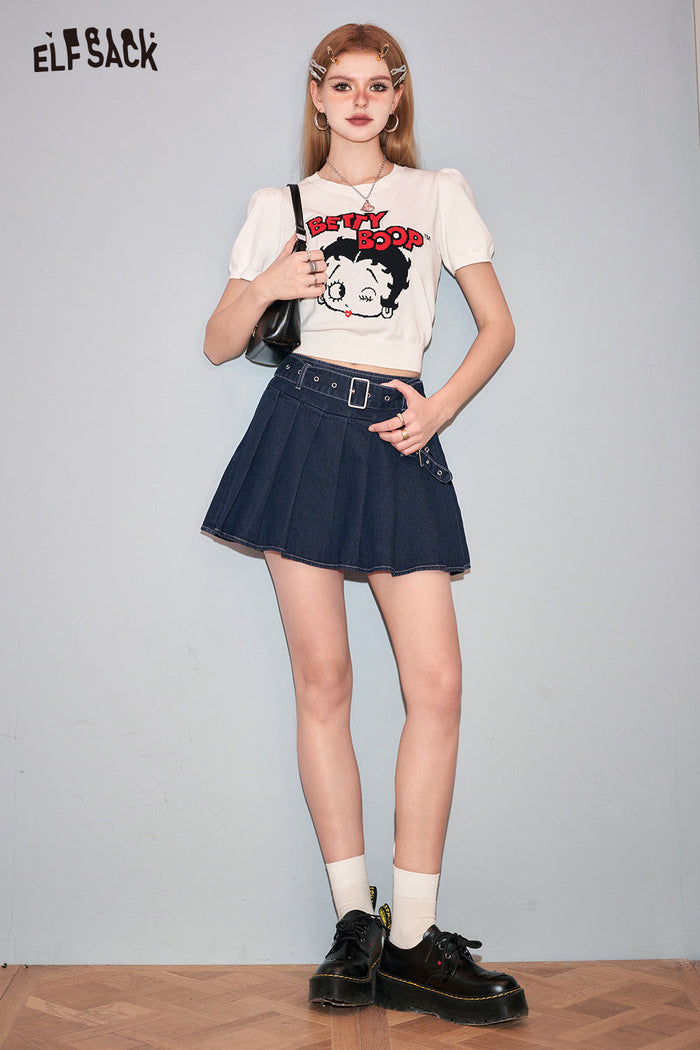 ELFSACK Petite High Waist Denim Pleated Skirt
