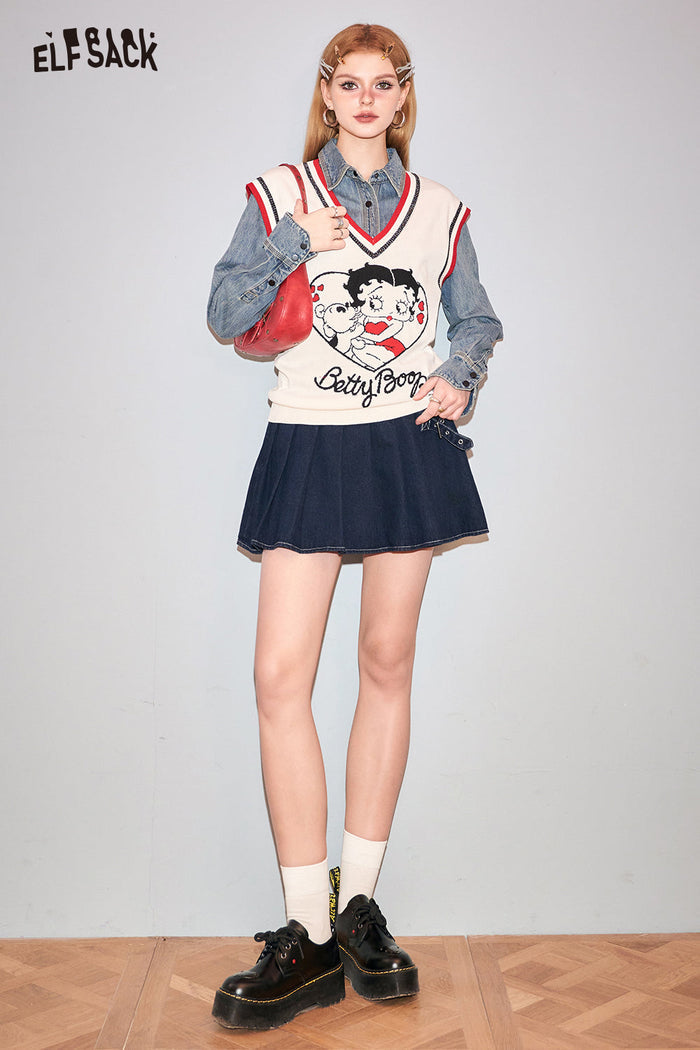 ELFSACK Petite High Waist Denim Pleated Skirt