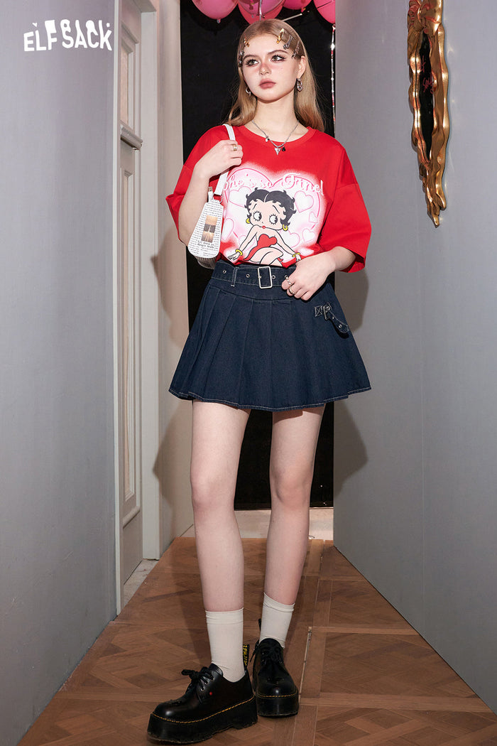 ELFSACK Petite High Waist Denim Pleated Skirt