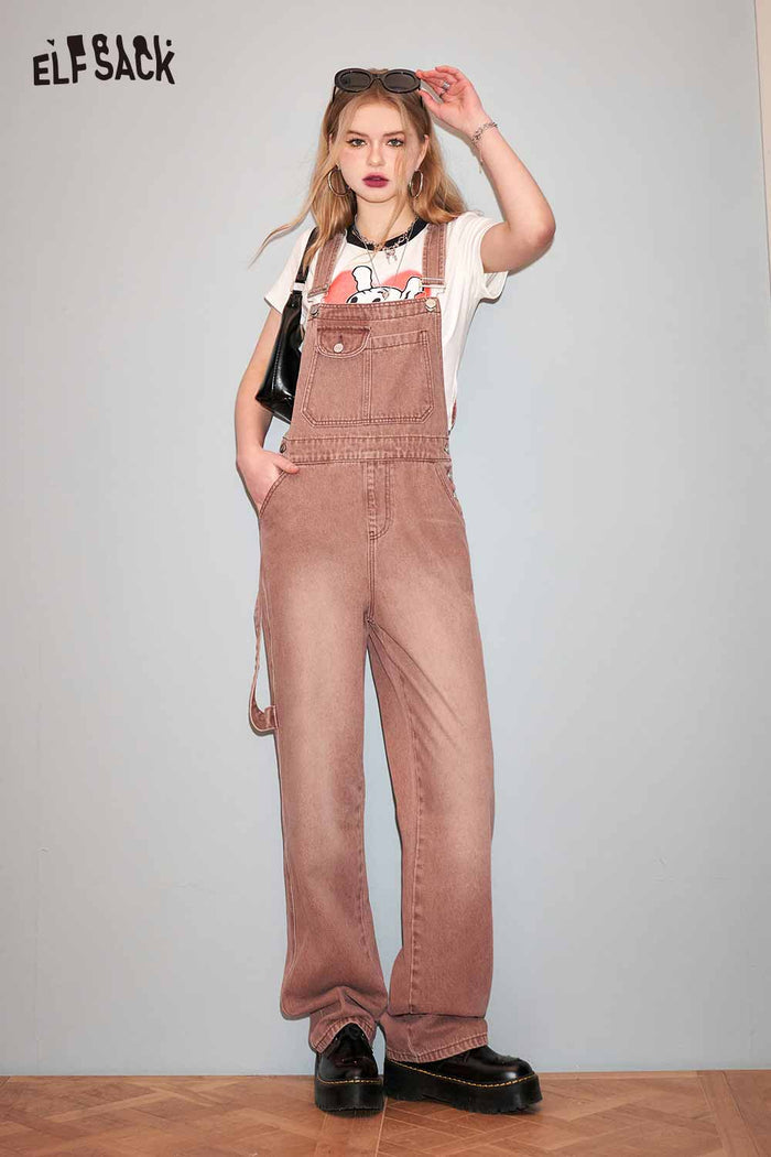 ELFSACK Petite Vintage Denim Overalls Wide Leg Pants