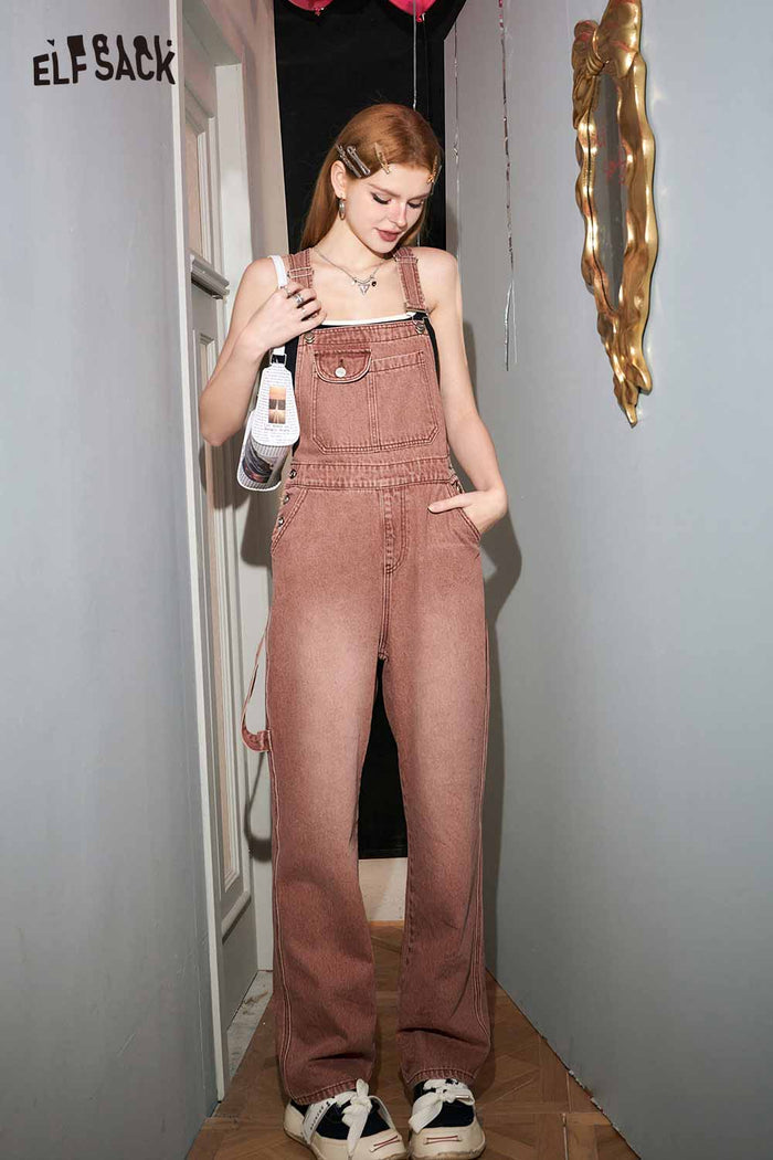 ELFSACK Petite Vintage Denim Overalls Wide Leg Pants