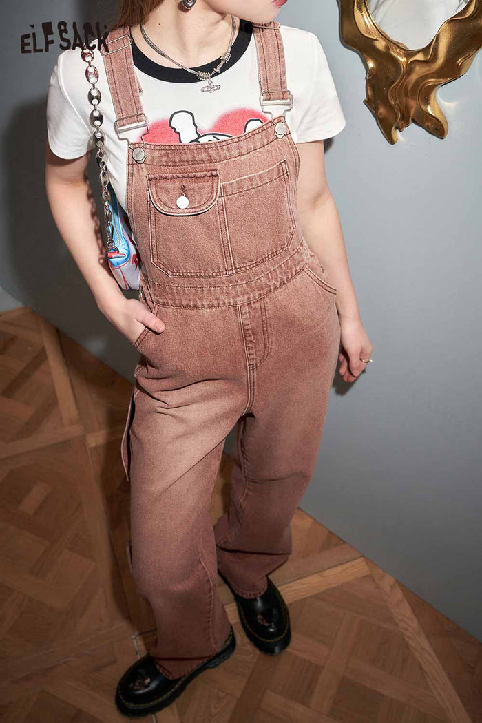 ELFSACK Petite Vintage Denim Overalls Wide Leg Pants