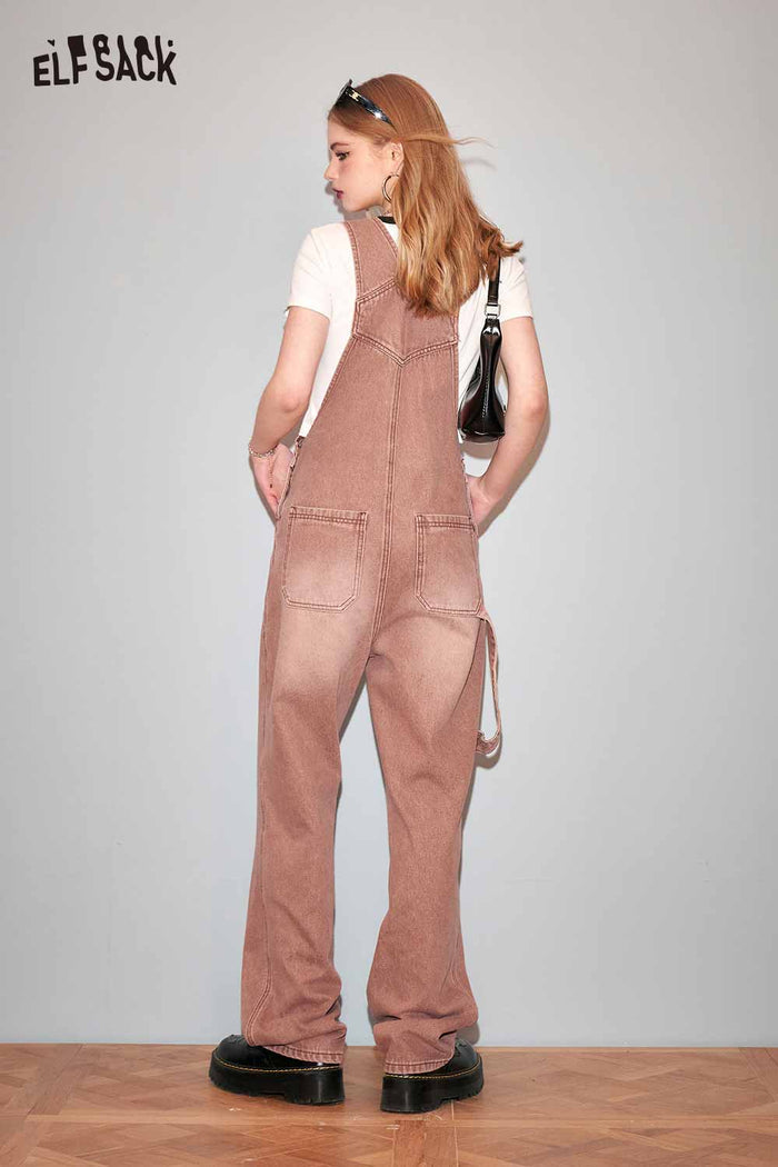 ELFSACK Petite Vintage Denim Overalls Wide Leg Pants