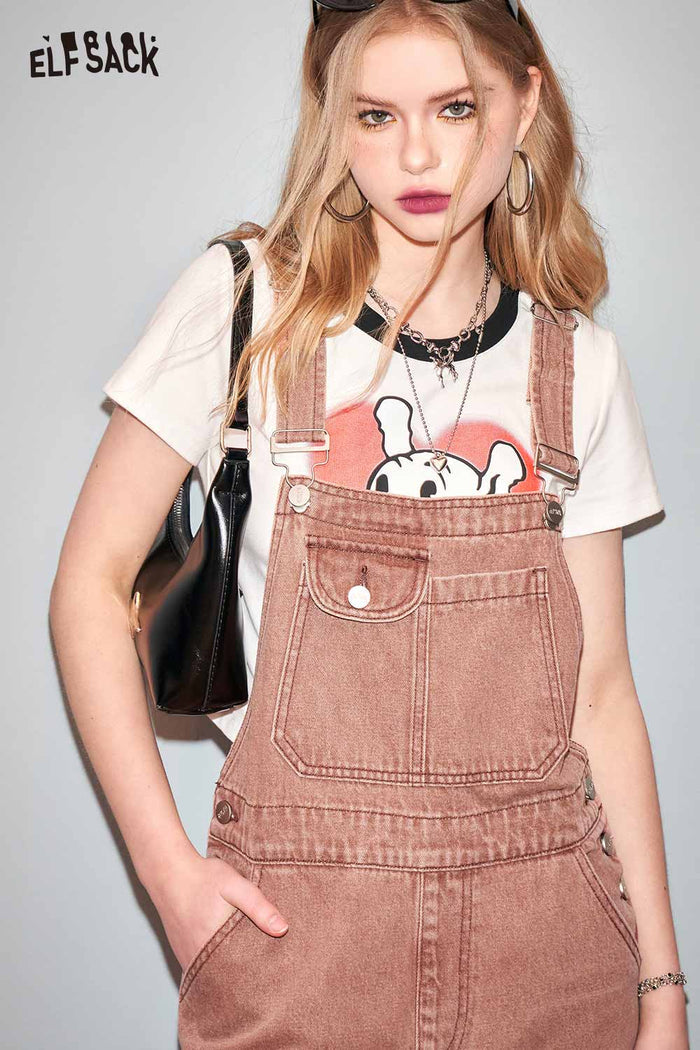 ELFSACK Petite Vintage Denim Overalls Wide Leg Pants