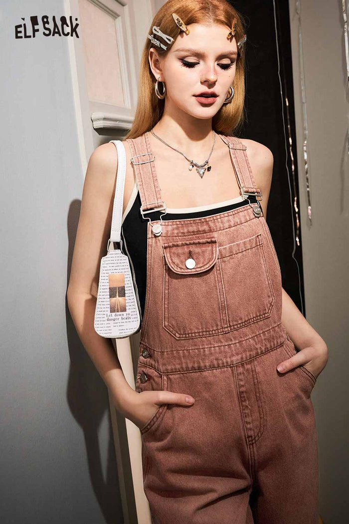 ELFSACK Petite Vintage Denim Overalls Wide Leg Pants