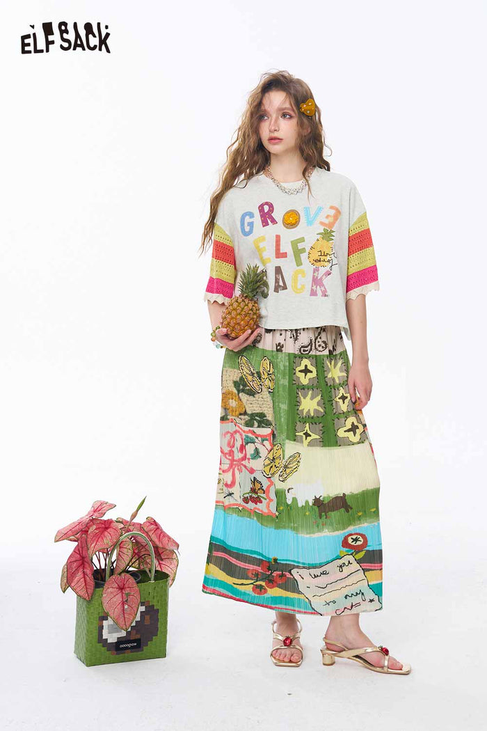 ELFSACK Pineapple Print Fringe Flare Tee