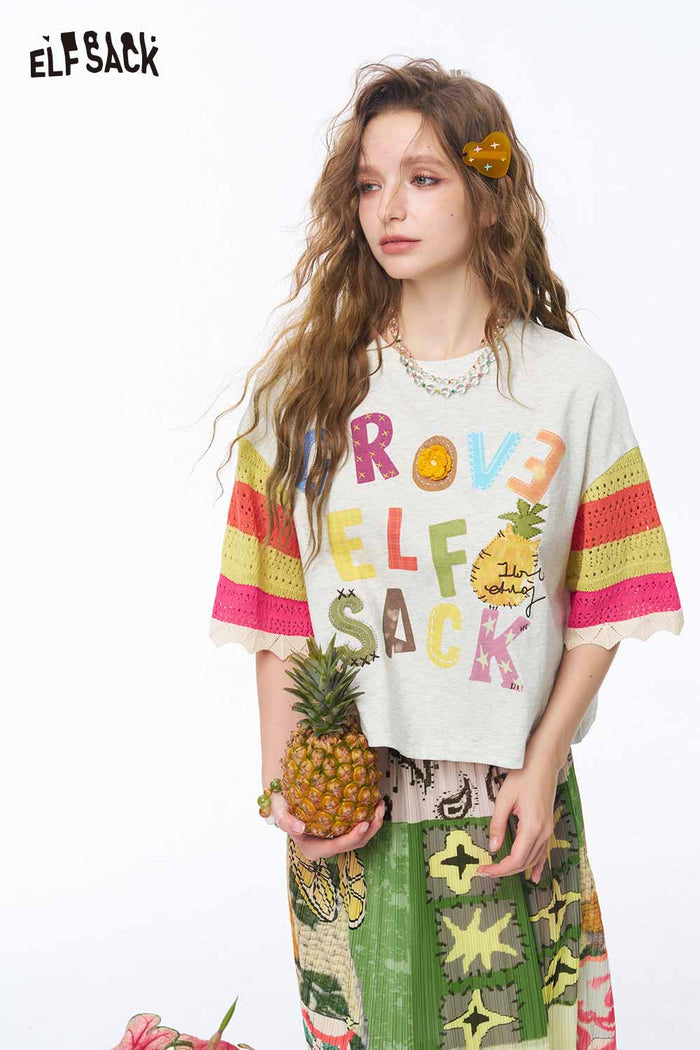 ELFSACK Pineapple Print Fringe Flare Tee