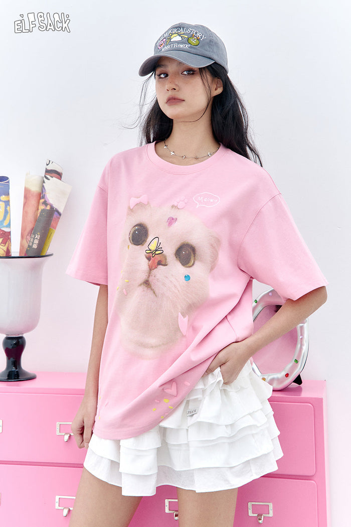 ELFSACK Pink Cat Printed Short Sleeved Casual T-Shirt
