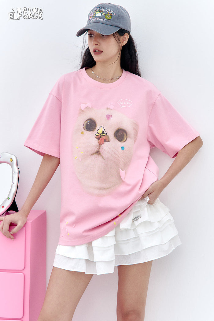 ELFSACK Pink Cat Printed Short Sleeved Casual T-Shirt
