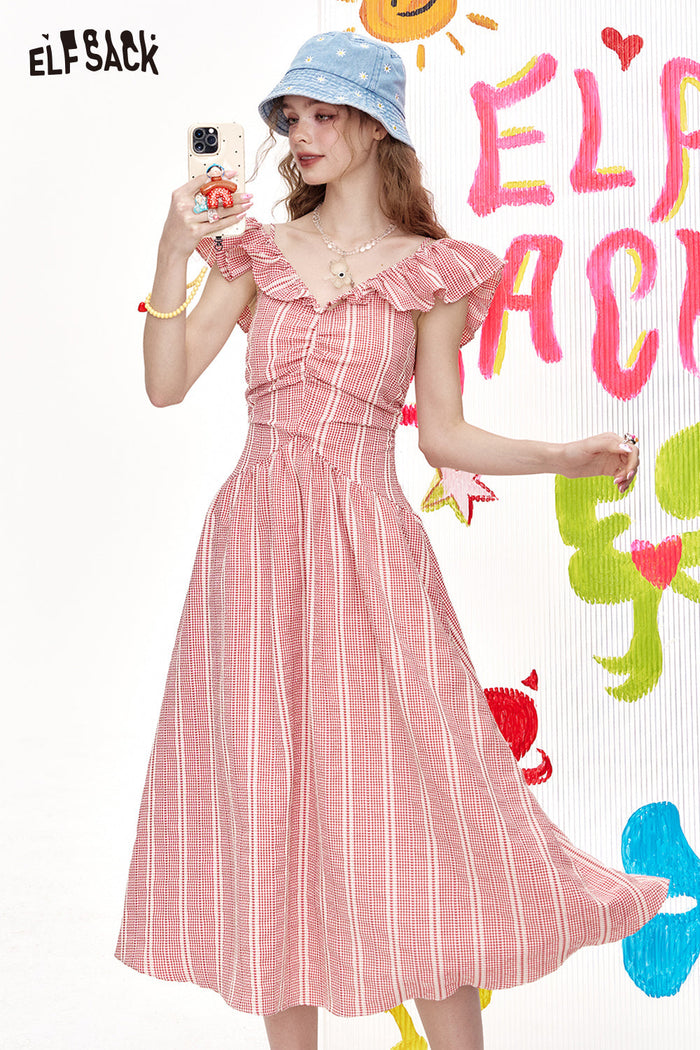 ELFSACK Pink Checkered High Waisted A-Line Dress