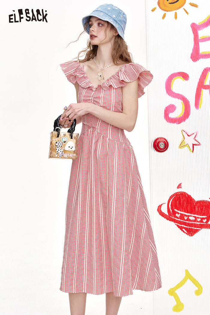ELFSACK Pink Checkered High Waisted A-Line Dress