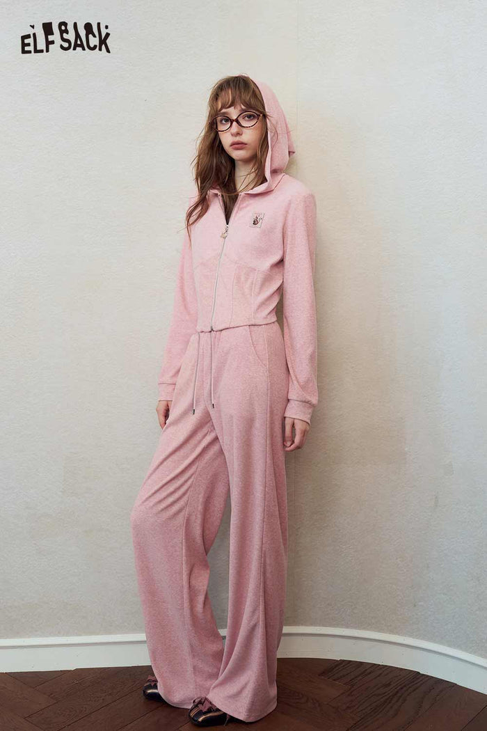 Pink Hooded Zip Wide Leg Tracksuit Set