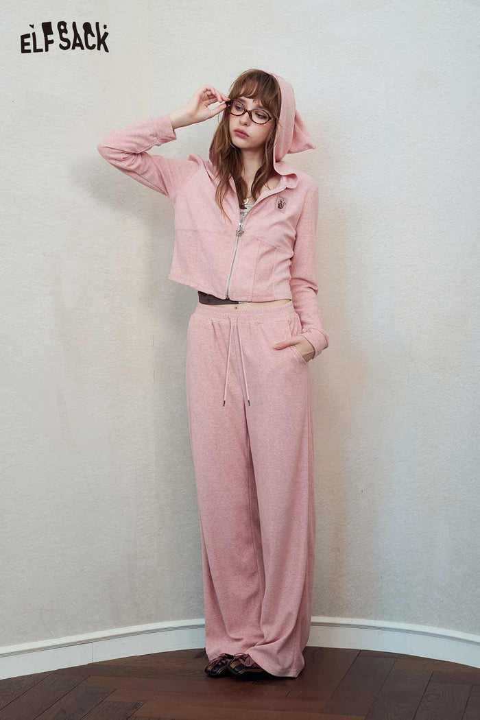 Pink Hooded Zip Wide Leg Tracksuit Set